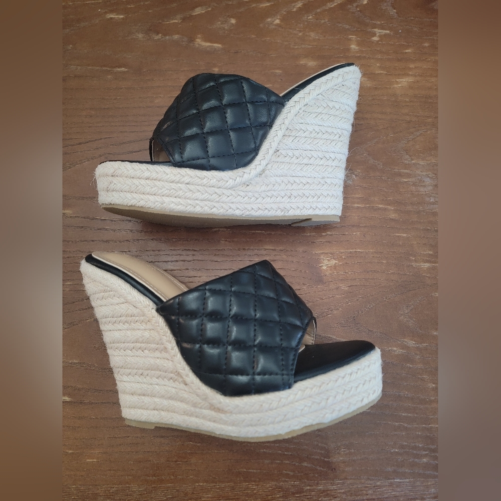 SHEIN Black Quilted Espadrille Wedge Slides